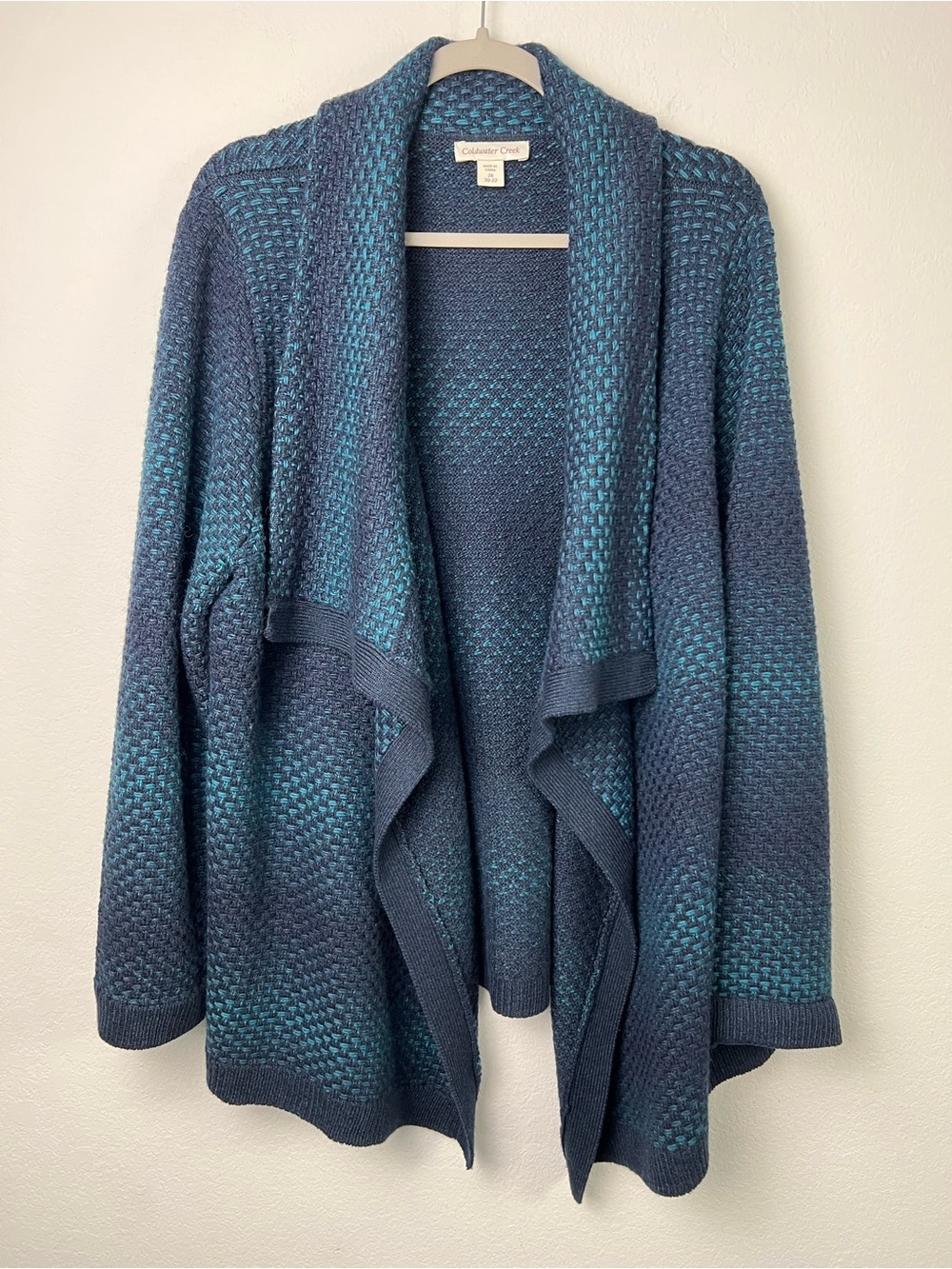 Coldwater Creek Wool Blend Blue Ombre Basket Weave Cascade Open Front Cardigan